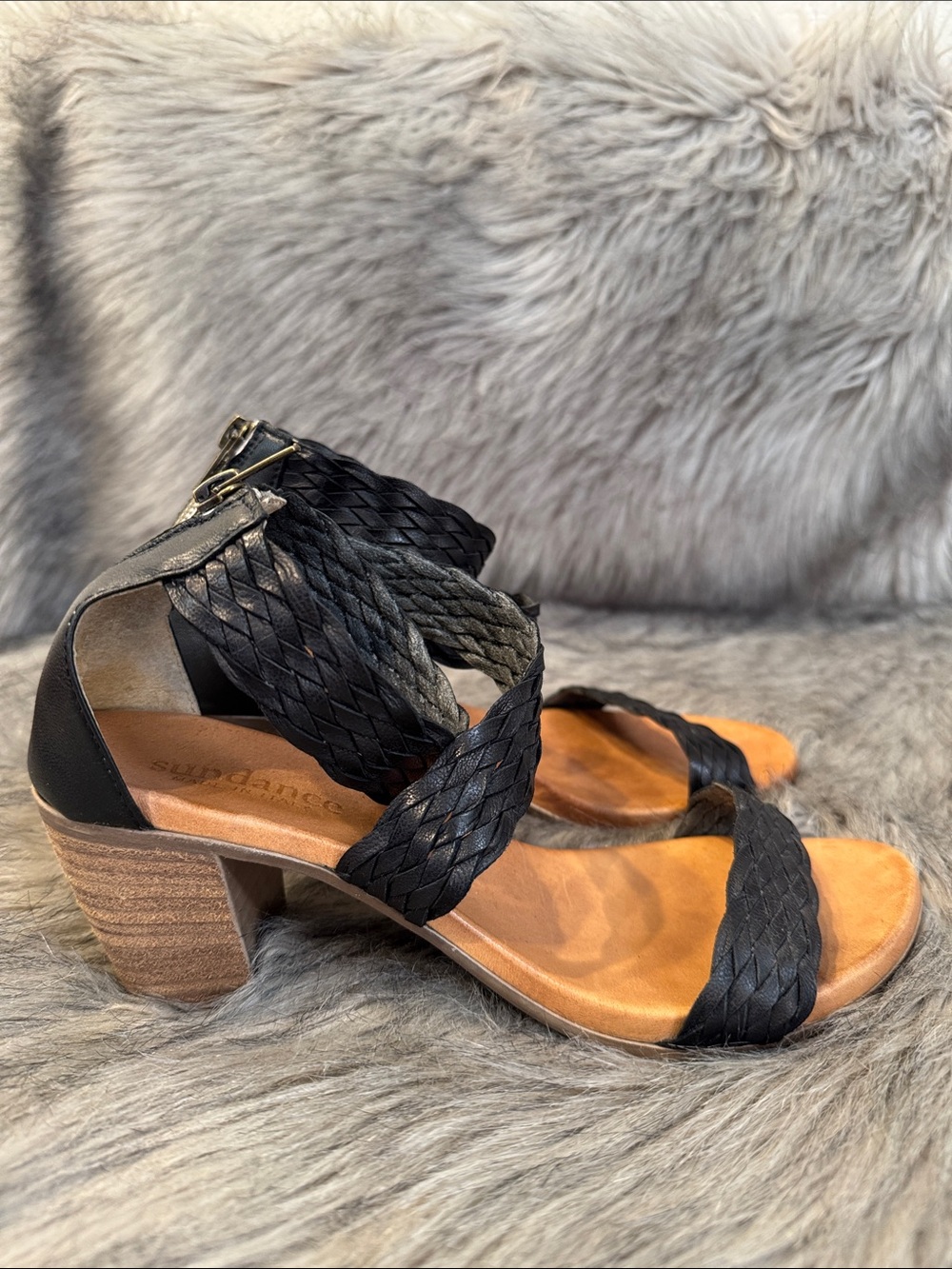 Sundance Black Braided Leather Block Heel Sandals with Tan Footbed Size 39